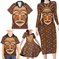 African Mask Printed Mudcloth Family Matching Long Sleeve Bodycon Dress and Hawaiian Shirt - Wonder Print Shop
