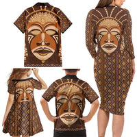 African Mask Printed Mudcloth Family Matching Long Sleeve Bodycon Dress and Hawaiian Shirt - Wonder Print Shop