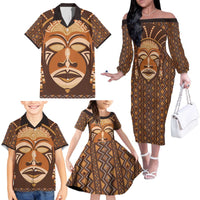 African Mask Printed Mudcloth Family Matching Off The Shoulder Long Sleeve Dress and Hawaiian Shirt - Wonder Print Shop
