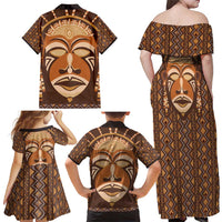 African Mask Printed Mudcloth Family Matching Off Shoulder Maxi Dress and Hawaiian Shirt - Wonder Print Shop