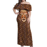 African Mask Printed Mudcloth Off Shoulder Maxi Dress - Wonder Print Shop