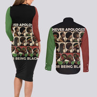 Never Apologize for Being Proudly Black Couples Matching Long Sleeve Bodycon Dress and Long Sleeve Button Shirt African Human - Wonder Print Shop