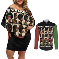 Never Apologize for Being Proudly Black Couples Matching Off Shoulder Short Dress and Long Sleeve Button Shirt African Human - Wonder Print Shop