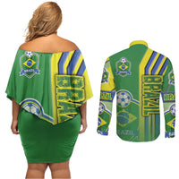 Brazil Football Couples Matching Off Shoulder Short Dress and Long Sleeve Button Shirt Selecao Soccer - Road To Champion