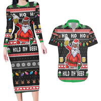 Ho Ho Ho Hold My Beer Santa African Couples Matching Long Sleeve Bodycon Dress and Hawaiian Shirt Laugh With Beer On Christmas - Wonder Print Shop