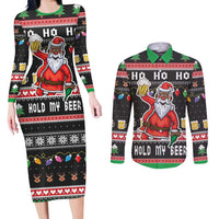 Ho Ho Ho Hold My Beer Santa African Couples Matching Long Sleeve Bodycon Dress and Long Sleeve Button Shirt Laugh With Beer On Christmas - Wonder Print Shop