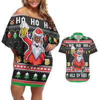 Ho Ho Ho Hold My Beer Santa African Couples Matching Off Shoulder Short Dress and Hawaiian Shirt Laugh With Beer On Christmas - Wonder Print Shop