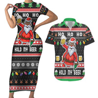 Ho Ho Ho Hold My Beer Santa African Couples Matching Short Sleeve Bodycon Dress and Hawaiian Shirt Laugh With Beer On Christmas - Wonder Print Shop