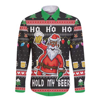 Ho Ho Ho Hold My Beer Santa African Long Sleeve Button Shirt Laugh With Beer On Christmas - Wonder Print Shop