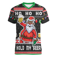 Ho Ho Ho Hold My Beer Santa African Women V-Neck T-Shirt Laugh With Beer On Christmas - Wonder Print Shop