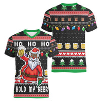 Ho Ho Ho Hold My Beer Santa African Women V-Neck T-Shirt Laugh With Beer On Christmas - Wonder Print Shop