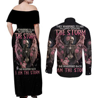 I Am The Storm Skeleton Roses Wings Couples Matching Off Shoulder Maxi Dress and Long Sleeve Button Shirt Skull Art - Wonder Print Shop
