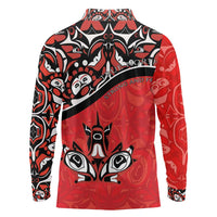 Canada Day Long Sleeve Polo Shirt Haida Maple Leaf Style Tattoo Red - Wonder Print Shop
