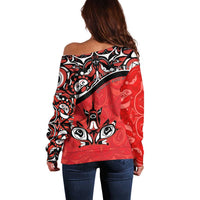 Canada Day Off Shoulder Sweater Haida Maple Leaf Style Tattoo Red - Wonder Print Shop