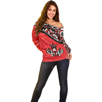 Canada Day Off Shoulder Sweater Haida Maple Leaf Style Tattoo Red - Wonder Print Shop