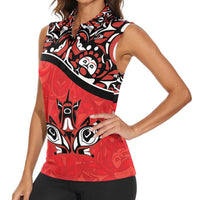 Canada Day Women Sleeveless Polo Shirt Haida Maple Leaf Style Tattoo Red - Wonder Print Shop