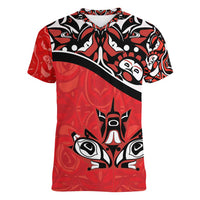 Canada Day Women V-Neck T-Shirt Haida Maple Leaf Style Tattoo Red - Wonder Print Shop
