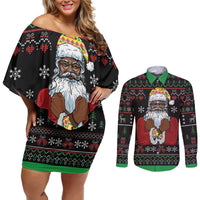 Santa Claus With African Traditional Costume Couples Matching Off Shoulder Short Dress and Long Sleeve Button Shirt Christmas - Wonder Print Shop