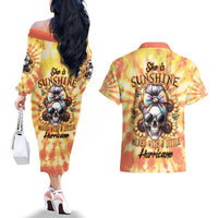 She Is Sunshine Skull Couples Matching Off The Shoulder Long Sleeve Dress and Hawaiian Shirt Tie Dye Yellow - Wonder Print Shop