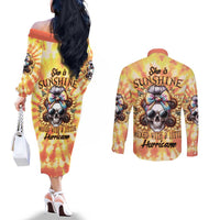 She Is Sunshine Skull Couples Matching Off The Shoulder Long Sleeve Dress and Long Sleeve Button Shirt Tie Dye Yellow