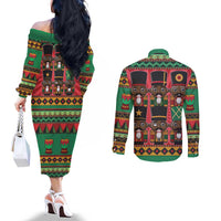 Black Nutcrackers Couples Matching Off The Shoulder Long Sleeve Dress and Long Sleeve Button Shirt Afro Christmas