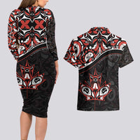 Canada Day Couples Matching Long Sleeve Bodycon Dress and Hawaiian Shirt Haida Maple Leaf Style Tattoo Black