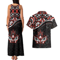 Canada Day Couples Matching Tank Maxi Dress and Hawaiian Shirt Haida Maple Leaf Style Tattoo Black