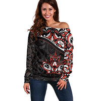 Canada Day Off Shoulder Sweater Haida Maple Leaf Style Tattoo Black - Wonder Print Shop