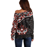 Canada Day Off Shoulder Sweater Haida Maple Leaf Style Tattoo Black - Wonder Print Shop