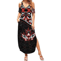 Canada Day Summer Maxi Dress Haida Maple Leaf Style Tattoo Black - Wonder Print Shop