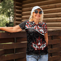 Canada Day Women Polo Shirt Haida Maple Leaf Style Tattoo Black - Wonder Print Shop