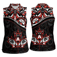 Canada Day Women Sleeveless Polo Shirt Haida Maple Leaf Style Tattoo Black - Wonder Print Shop