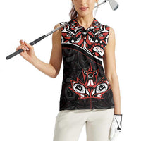 Canada Day Women Sleeveless Polo Shirt Haida Maple Leaf Style Tattoo Black - Wonder Print Shop