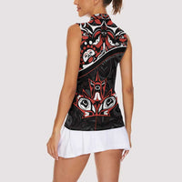 Canada Day Women Sleeveless Polo Shirt Haida Maple Leaf Style Tattoo Black - Wonder Print Shop