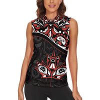 Canada Day Women Sleeveless Polo Shirt Haida Maple Leaf Style Tattoo Black - Wonder Print Shop