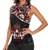 Canada Day Women Sleeveless Polo Shirt Haida Maple Leaf Style Tattoo Black - Wonder Print Shop