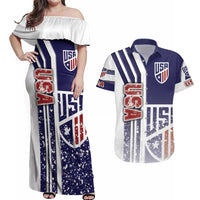 USA Soccer Couples Matching Off Shoulder Maxi Dress and Hawaiian Shirt The Stars and Stripes Football - Road To Champion
