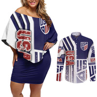 USA Soccer Couples Matching Off Shoulder Short Dress and Long Sleeve Button Shirt The Stars and Stripes Football - Road To Champion