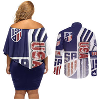 USA Soccer Couples Matching Off Shoulder Short Dress and Long Sleeve Button Shirt The Stars and Stripes Football - Road To Champion