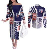 USA Soccer Couples Matching Off The Shoulder Long Sleeve Dress and Long Sleeve Button Shirt The Stars and Stripes Football - Road To Champion