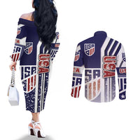 USA Soccer Couples Matching Off The Shoulder Long Sleeve Dress and Long Sleeve Button Shirt The Stars and Stripes Football - Road To Champion