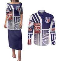 USA Soccer Couples Matching Puletasi and Long Sleeve Button Shirt The Stars and Stripes Football - Road To Champion