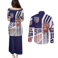 USA Soccer Couples Matching Puletasi and Long Sleeve Button Shirt The Stars and Stripes Football - Road To Champion