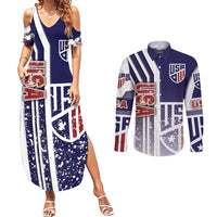 USA Soccer Couples Matching Summer Maxi Dress and Long Sleeve Button Shirt The Stars and Stripes Football - Road To Champion