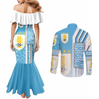 Uruguay Football Couples Matching Mermaid Dress and Long Sleeve Button Shirt Sky Blue Soccer - Road To Champion