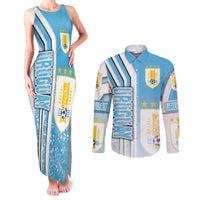 Uruguay Football Couples Matching Tank Maxi Dress and Long Sleeve Button Shirt Sky Blue Soccer - Road To Champion