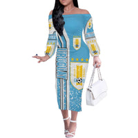 Uruguay Football Family Matching Off The Shoulder Long Sleeve Dress and Hawaiian Shirt Sky Blue Soccer - Road To Champion