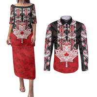 Personalised Canada Maple Leaf Couples Matching Puletasi and Long Sleeve Button Shirt Haida Totem Inspired Art