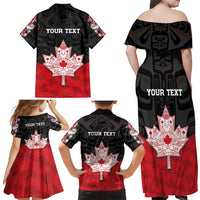 Personalised Canada Maple Leaf Family Matching Off Shoulder Maxi Dress and Hawaiian Shirt Haida Totem Inspired Art