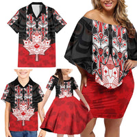 Personalised Canada Maple Leaf Family Matching Off Shoulder Short Dress and Hawaiian Shirt Haida Totem Inspired Art